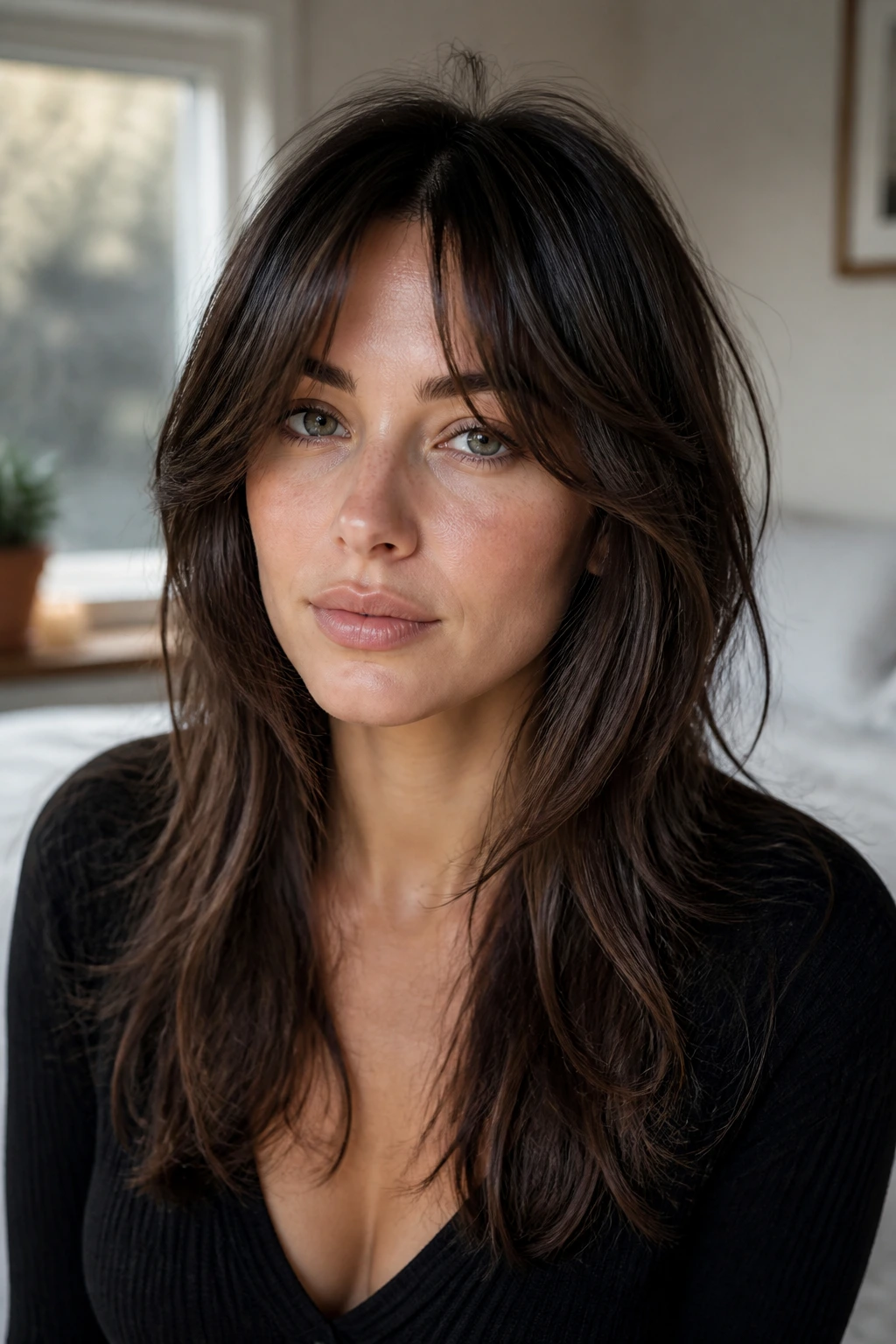 Close-up portrait of a real woman with textured curtain bangs framing a soft jaw on a long face
