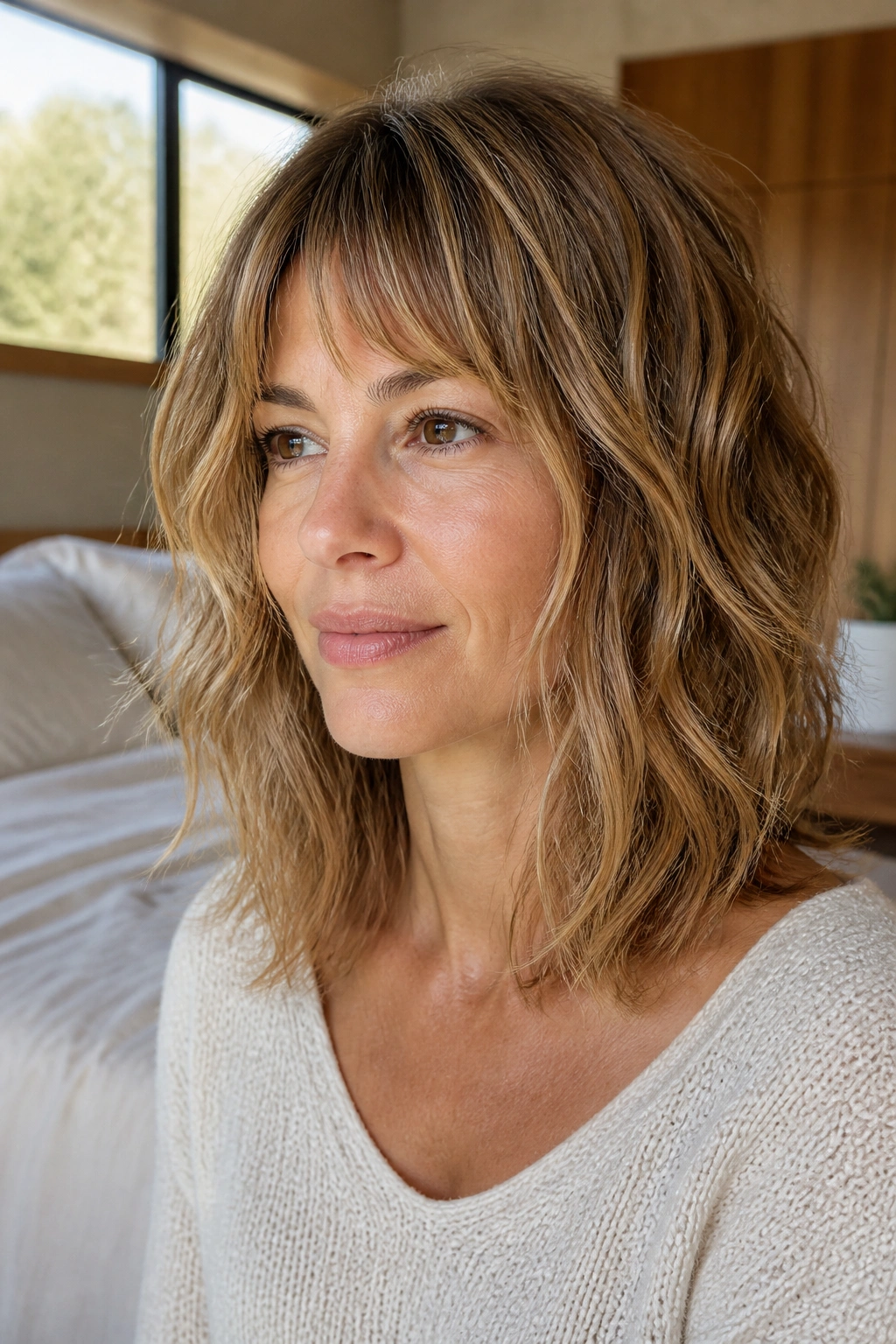 Close-up of a real woman with a textured cut for fine wavy hair in a softly lit room.