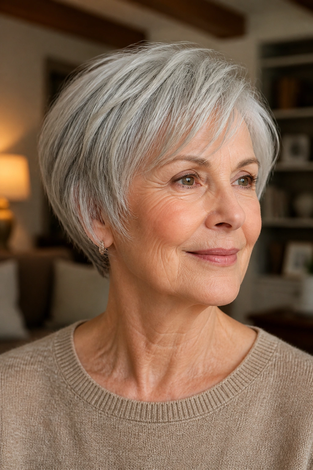 Close-up of an elderly woman with a textured ear-length bob