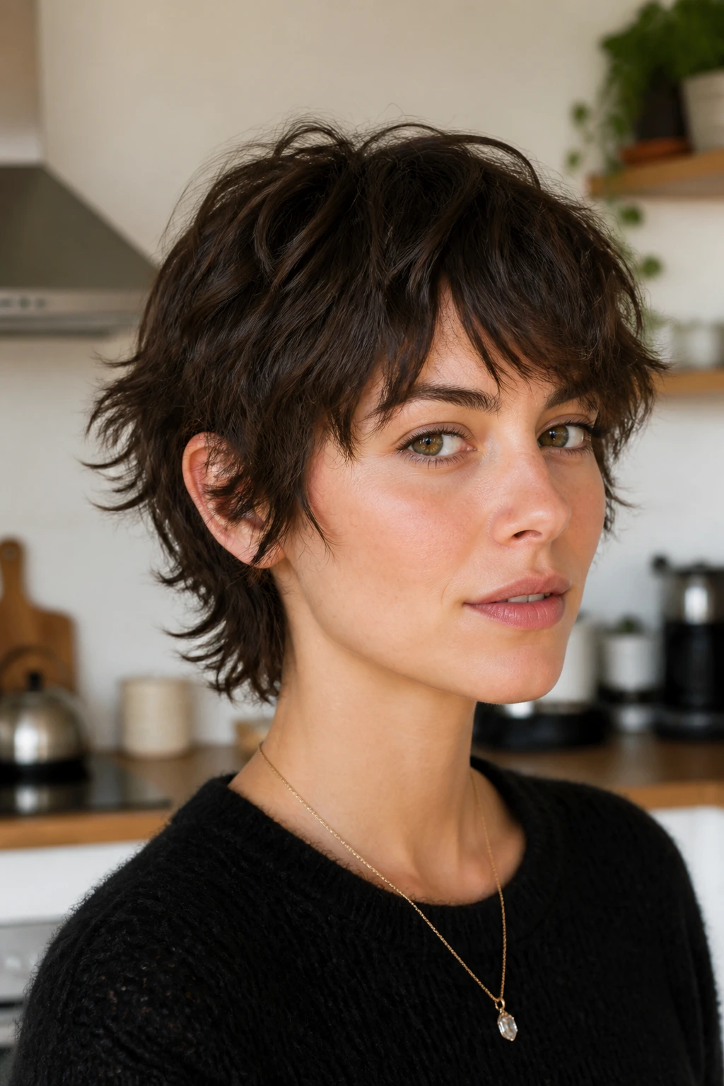 Portrait of a real person with textured ear-length shag exposing the ears.