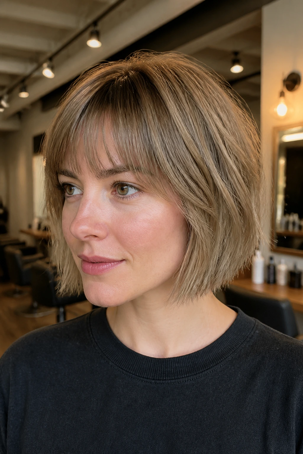 Close-up portrait of a real woman with a textured-ends bob and light bangs for fine hair