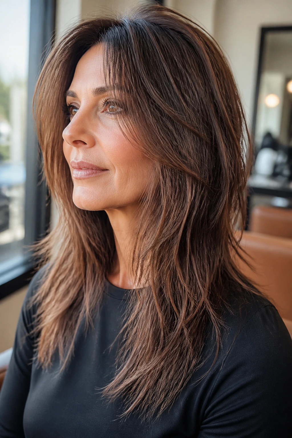 Close-up of a woman with heavily textured, chopped ends.