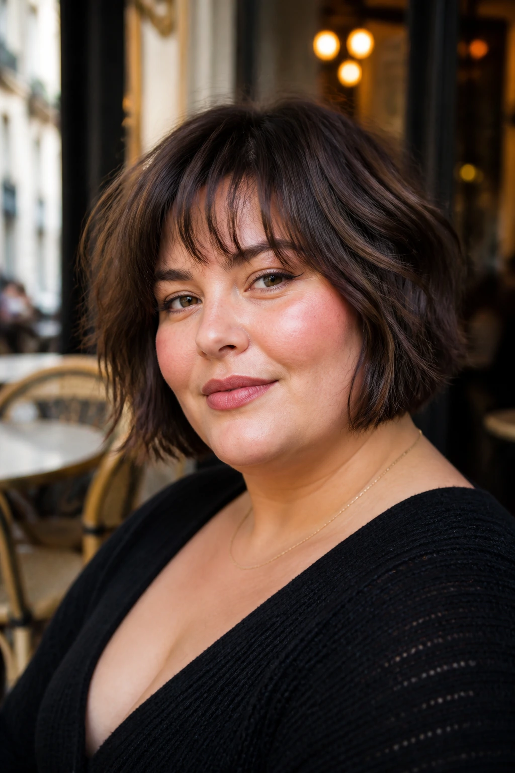 Close-up of a real woman with a textured French bob and wispy bangs.