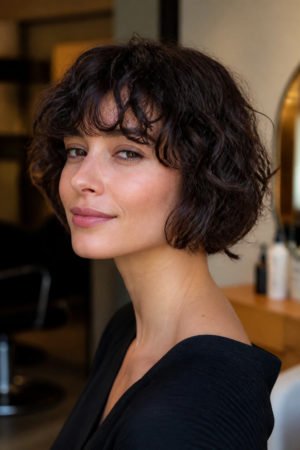 Close-up of a woman with textured French bob bangs and visible neck