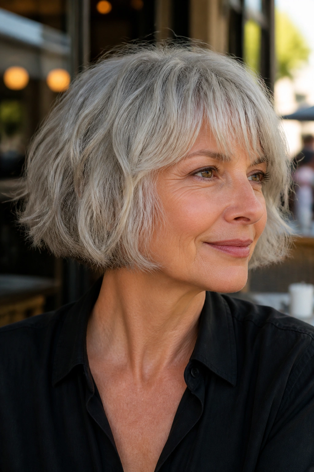 Close-up of a real woman with a jaw-length textured French bob and gray hair.