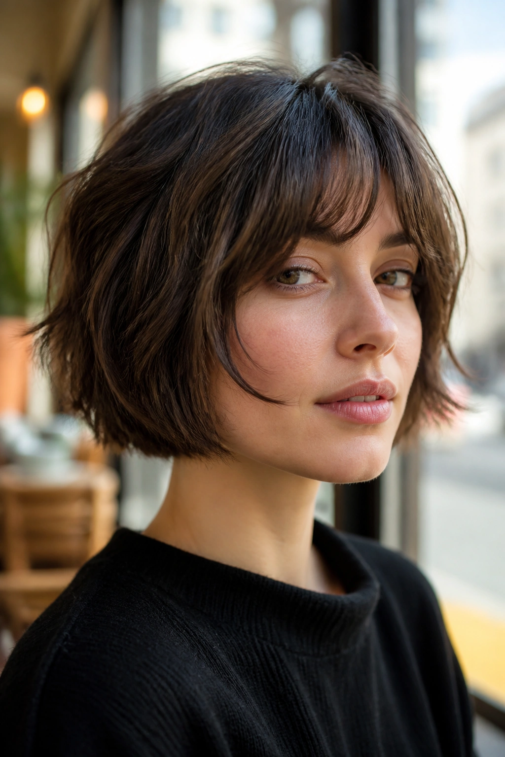 Portrait of a person with textured French bob around the jaw and soft movement