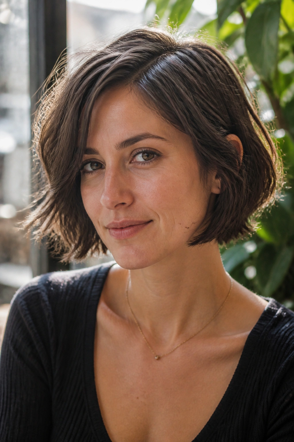 Close-up of real woman with textured French bob and soft ends.