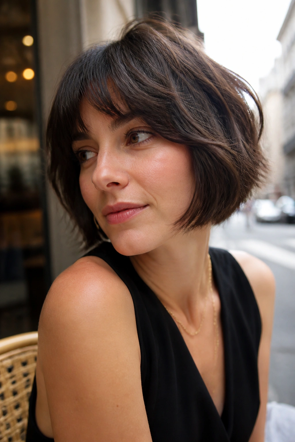 Close-up of a real woman with a textured French bob