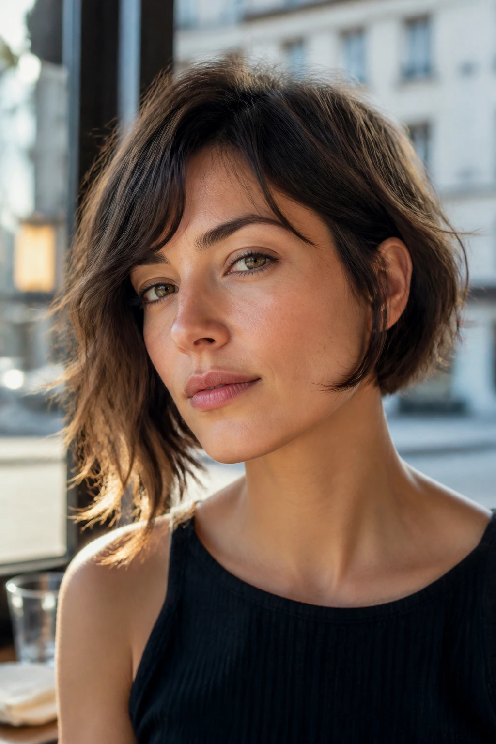 Close-up of a real woman with a cheek-length textured French bob uneven edge in cafe light