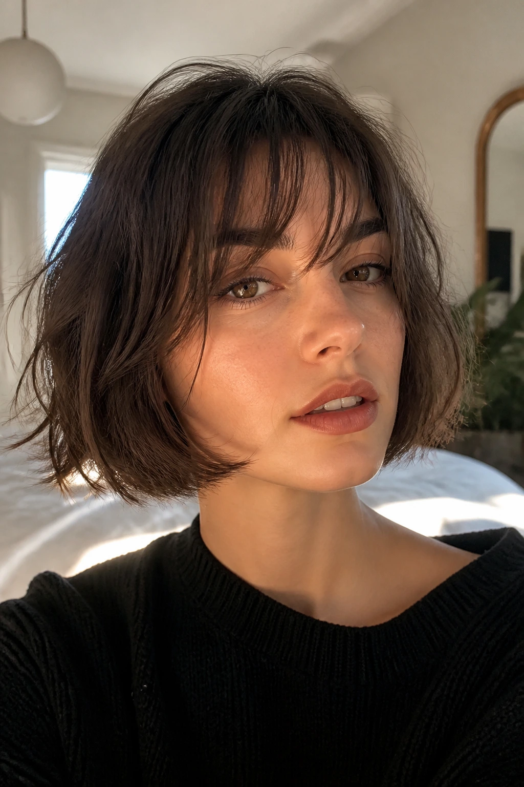 Close-up of textured French bob with wispy bangs on real woman