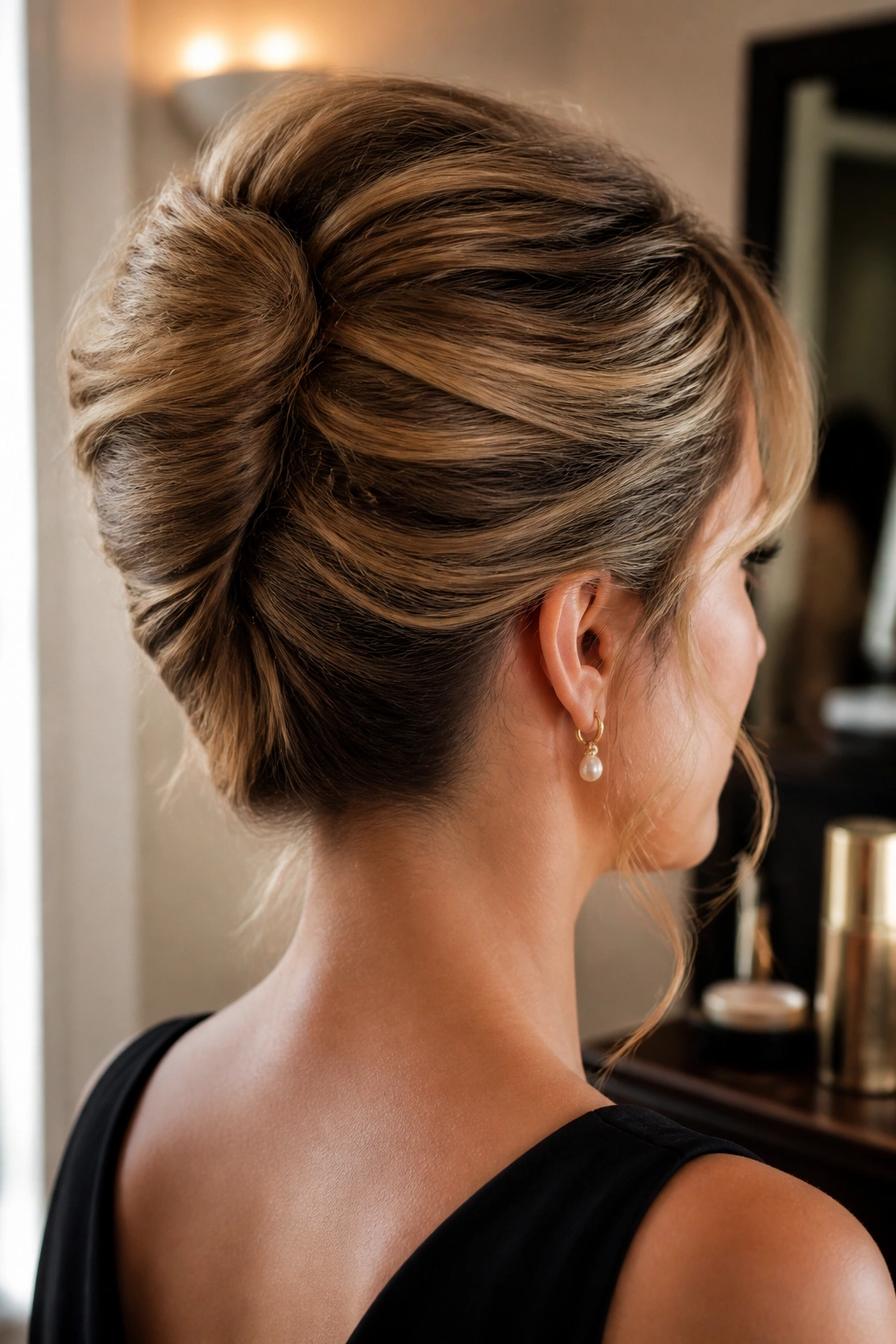 Close-up of a real woman with a textured French twist