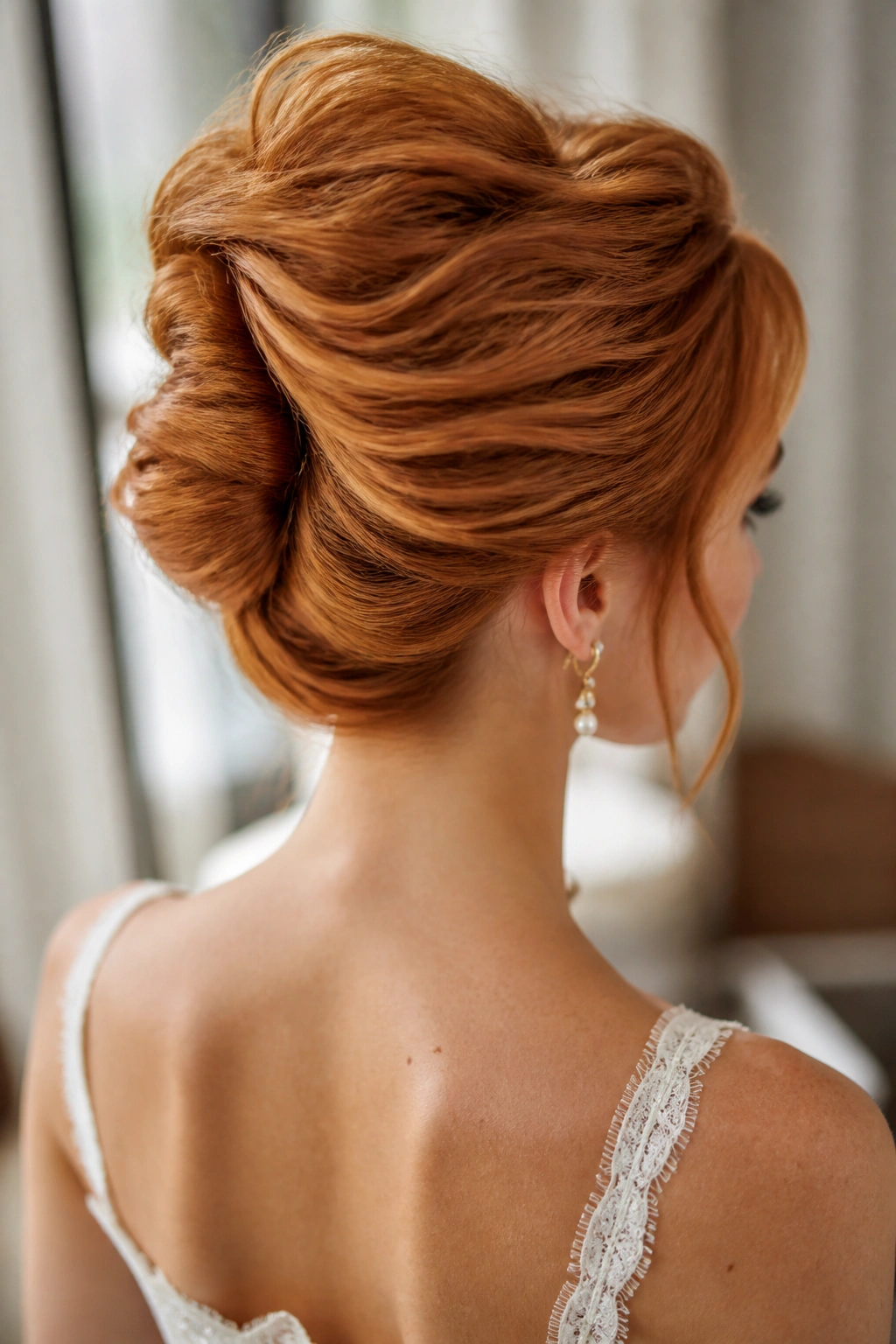 Close-up of a real woman with a textured French twist and soft height in auburn hair.