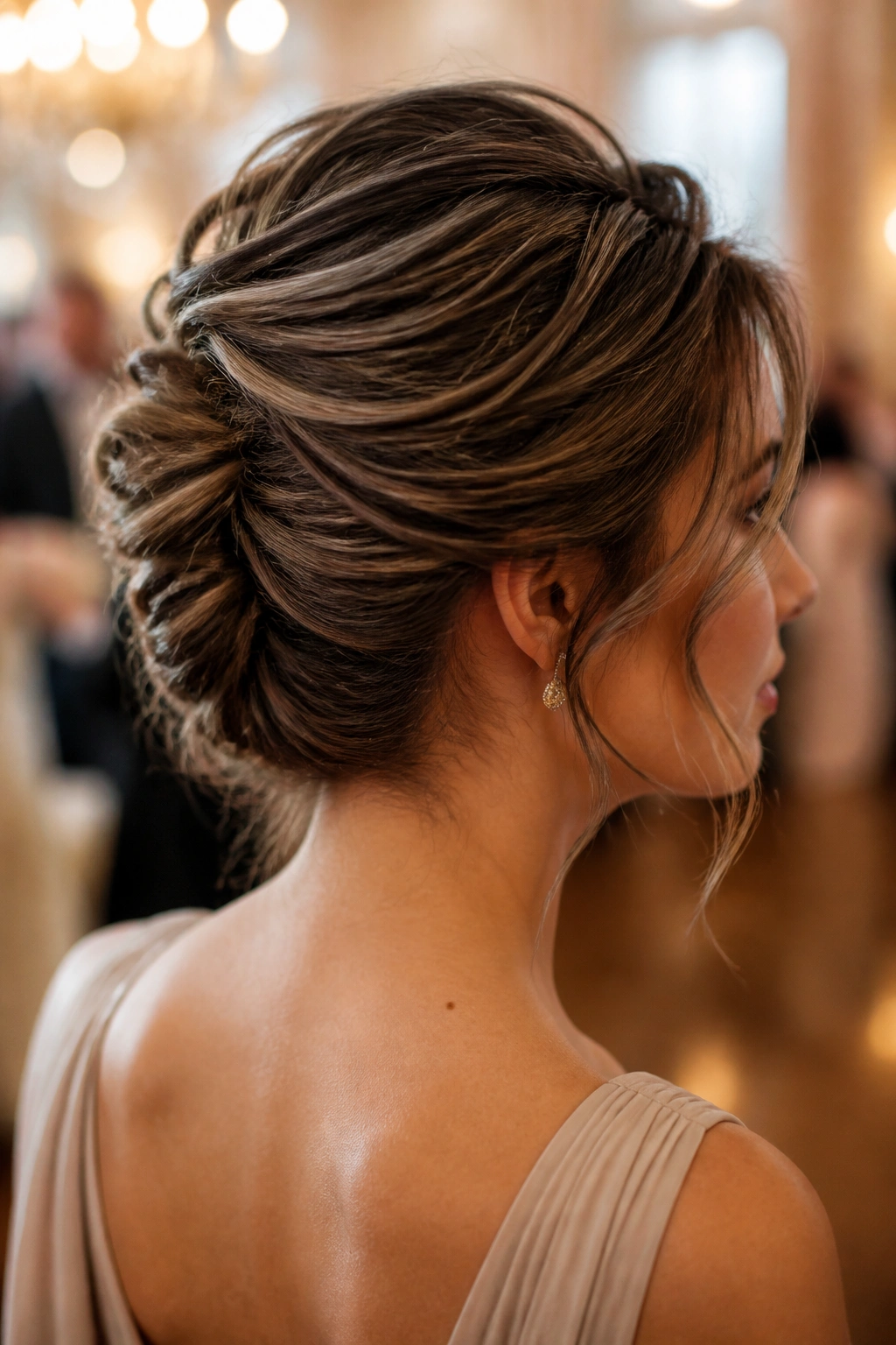 Close-up of a real woman wearing a textured French twist in a ballroom setting