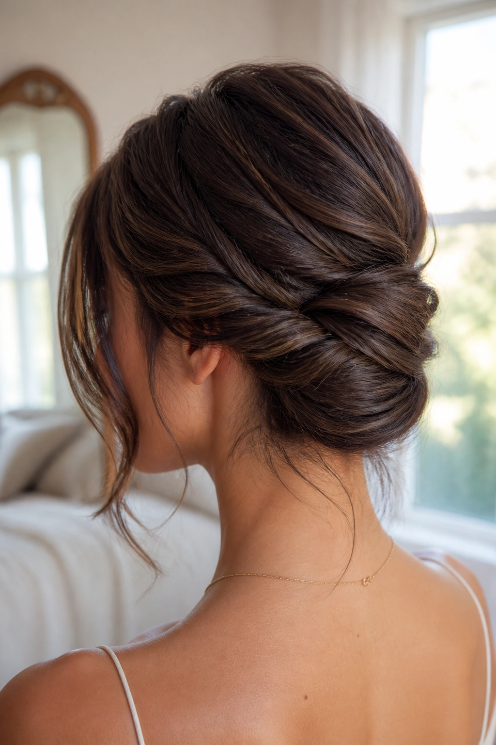 Close-up of a woman with a textured French twist at the nape for short prom hair