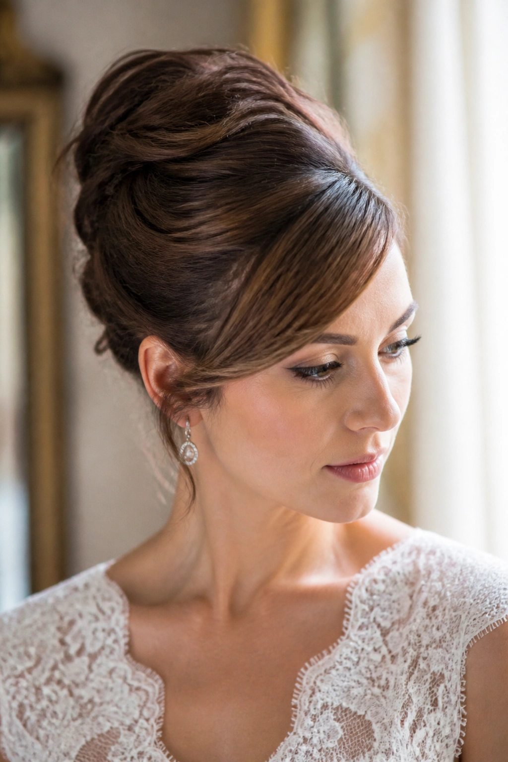 Close-up of a real bride with a textured French twist and side-swept bangs