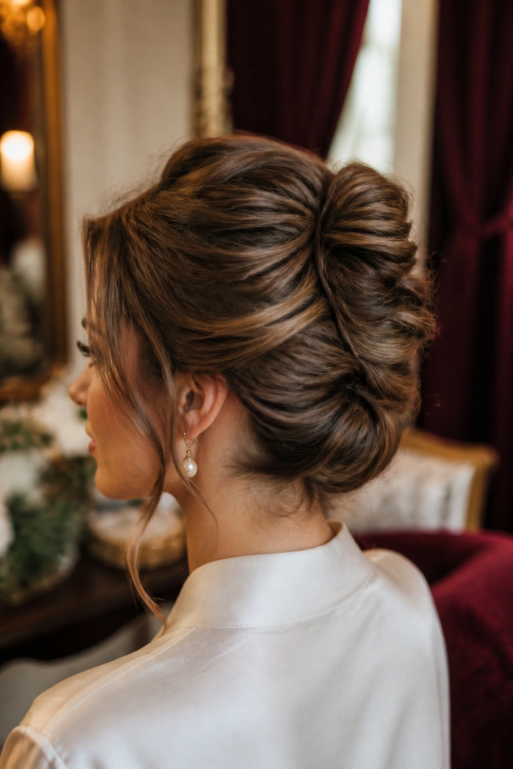 Portrait of a woman with a textured French twist.