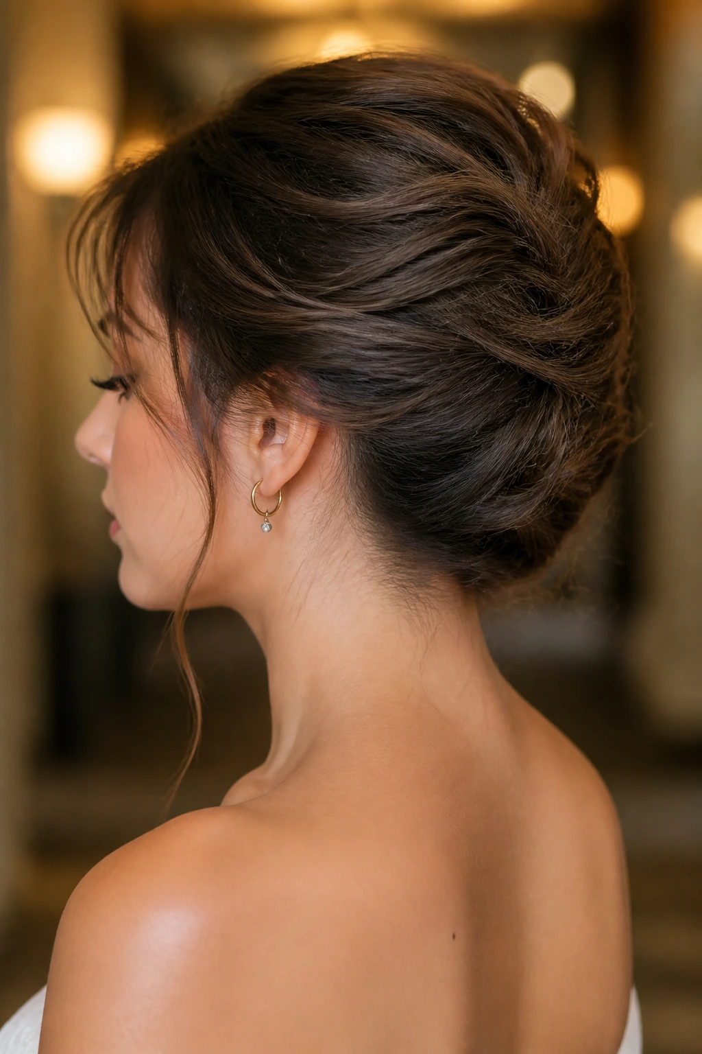 Close-up of textured French twist on a real person with soft hair framing.