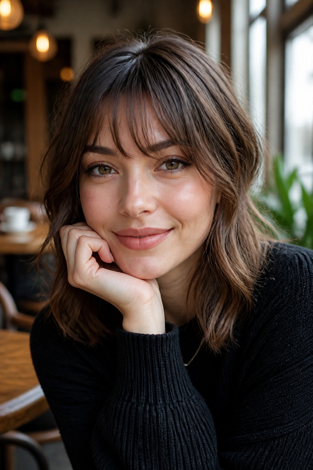 Close-up of textured fringe with soft ends on a real person.