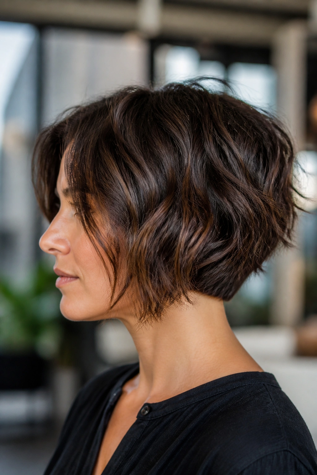 Close-up portrait of a real person with textured inverted bob and gentle stack.