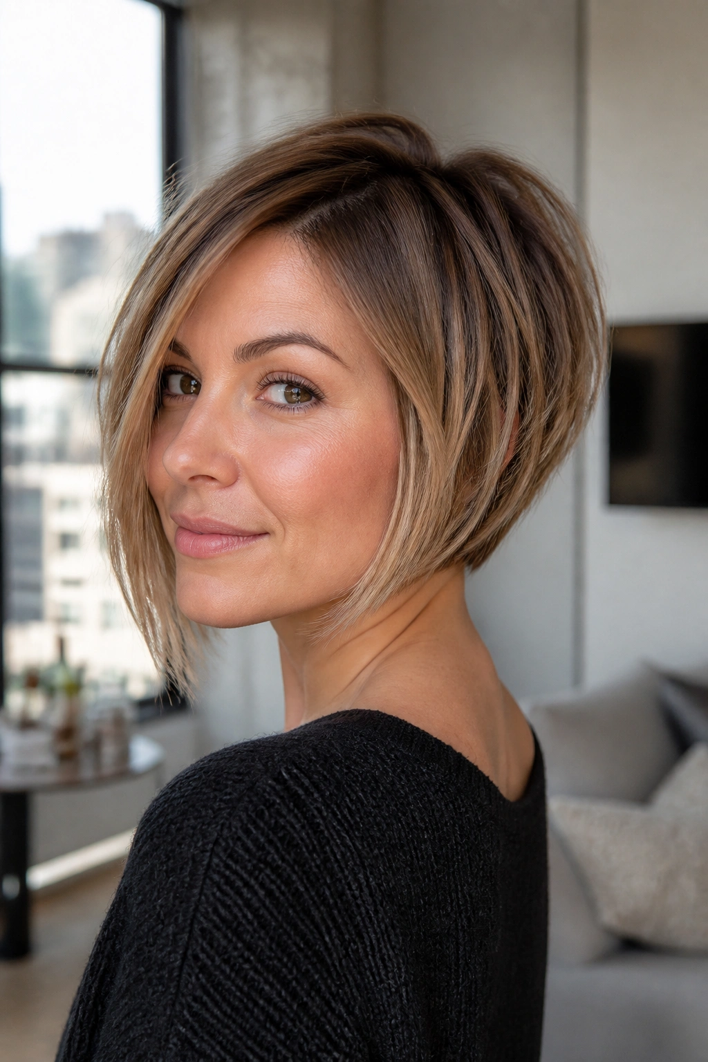 Portrait of a woman with a textured inverted bob showing stacked back and longer front.