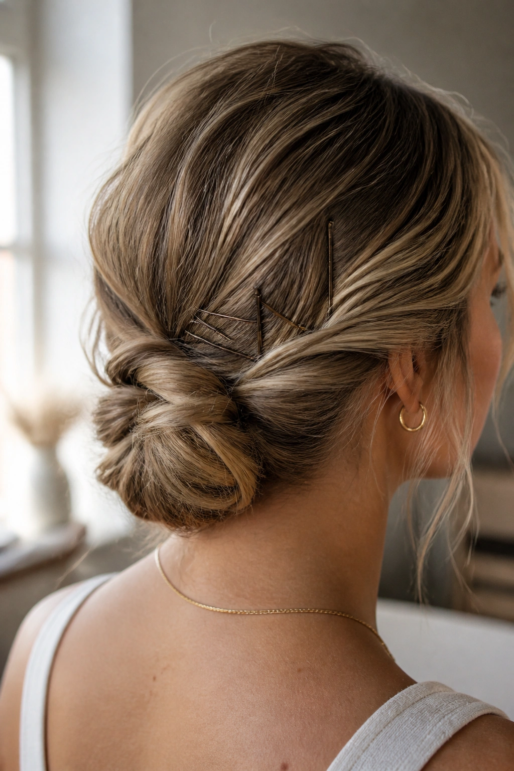 Close-up of a real woman wearing a Textured Low Knot With Visible Pins, showing pins through the knot.