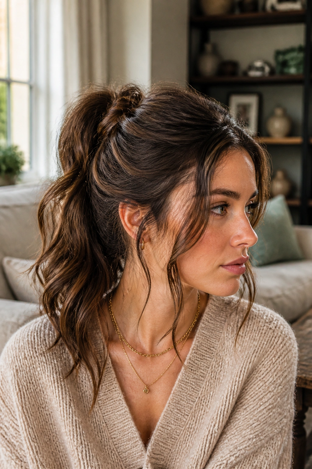 Portrait of a real woman with a textured knot ponytail and face-framing pieces.