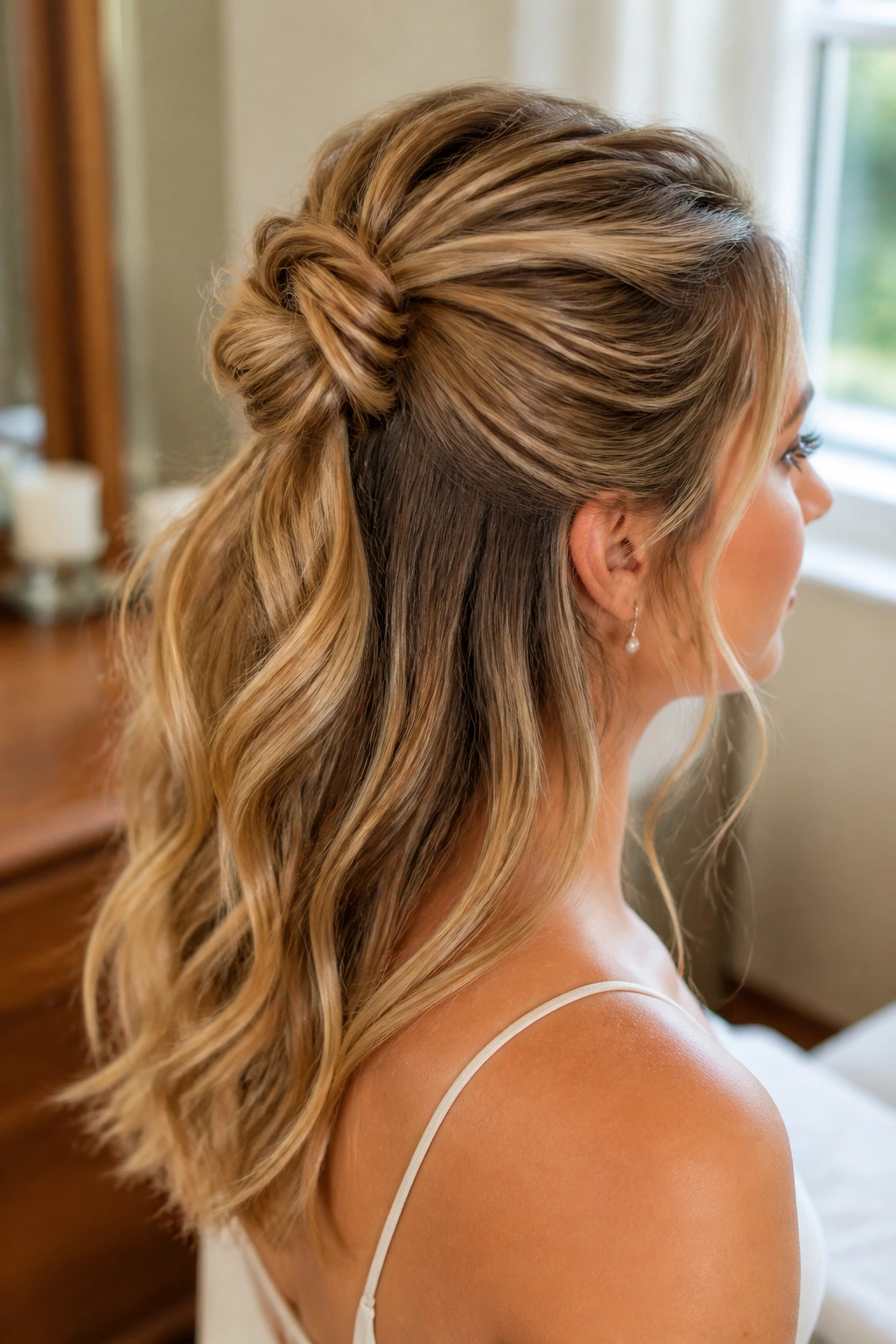 Close-up of textured knotted half-up hairstyle on a real woman in a bridal dressing room