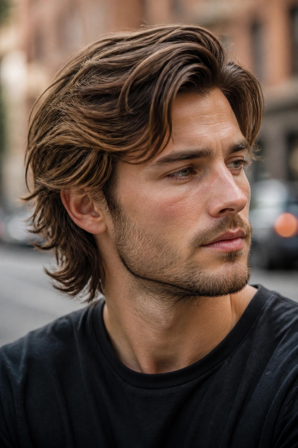 Close-up portrait of a man with textured layered hair and side part
