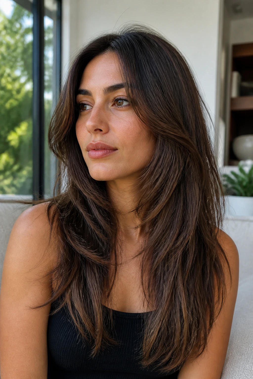 Close-up of a real woman with textured long layers starting at the collarbone in a bright room.
