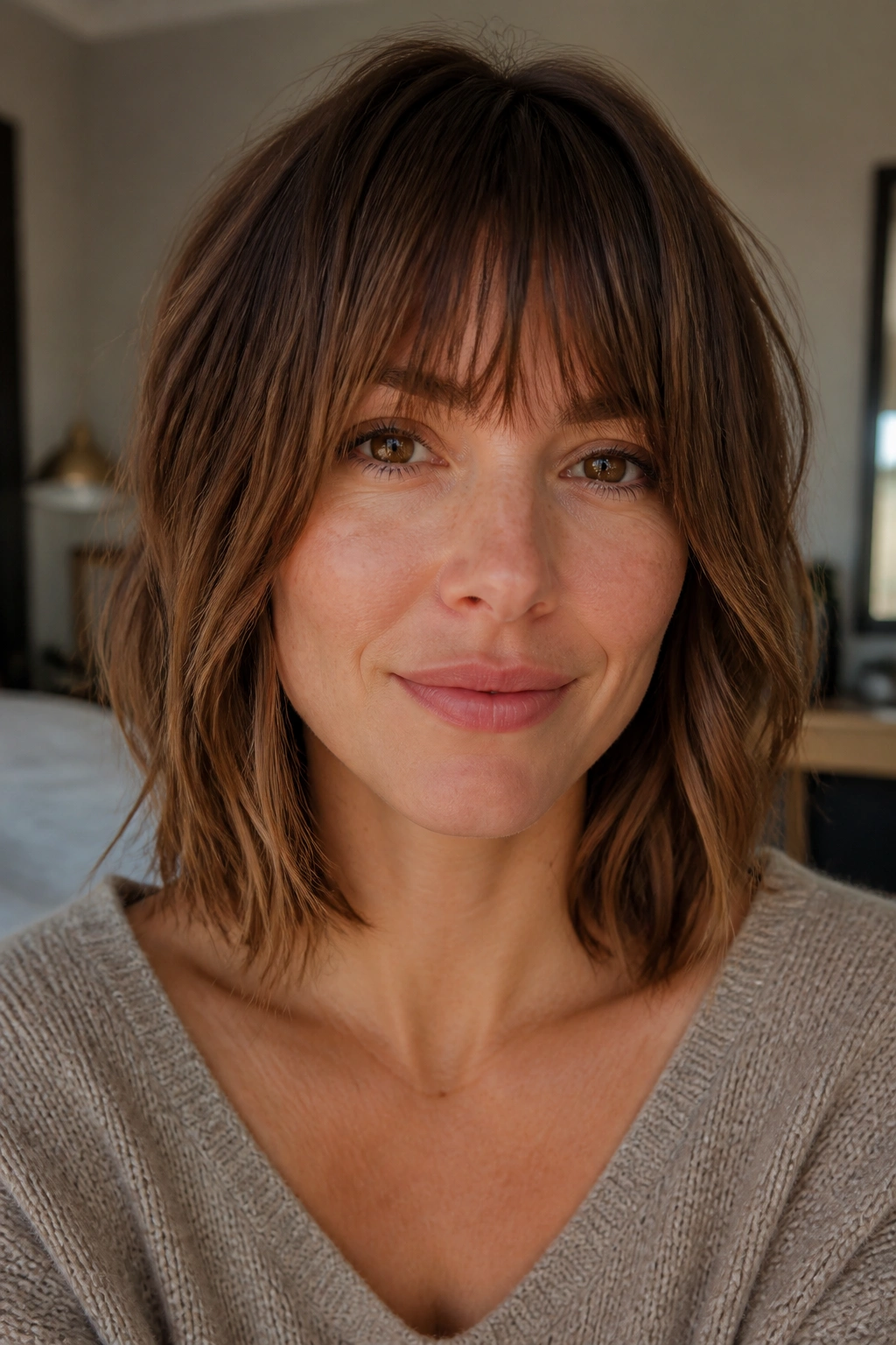 Close-up portrait of a real woman with textured lob and brow-skimming bangs in a warm, window-lit bedroom