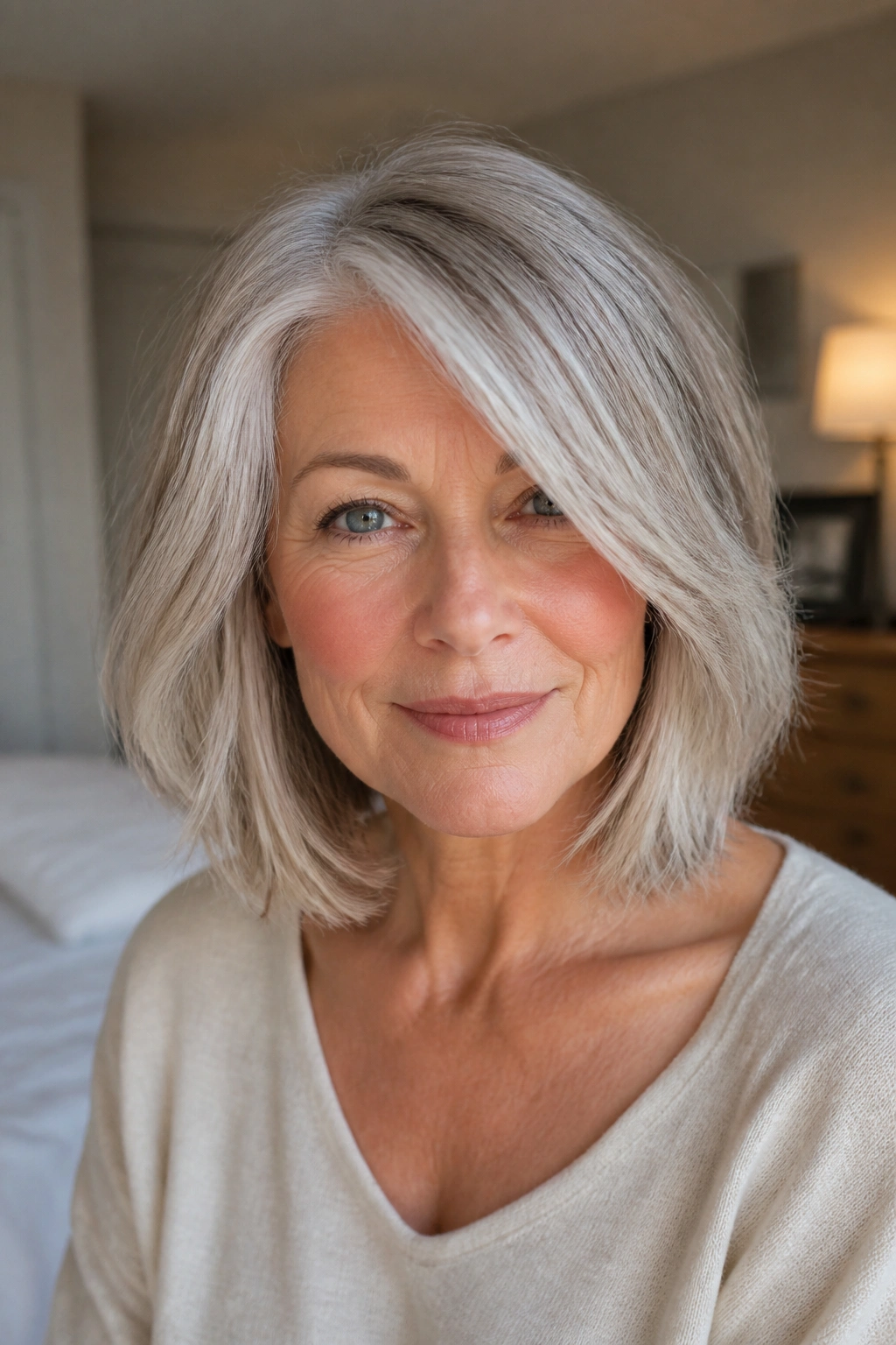 Close-up of a real woman with a textured collarbone-length lob in warm window light
