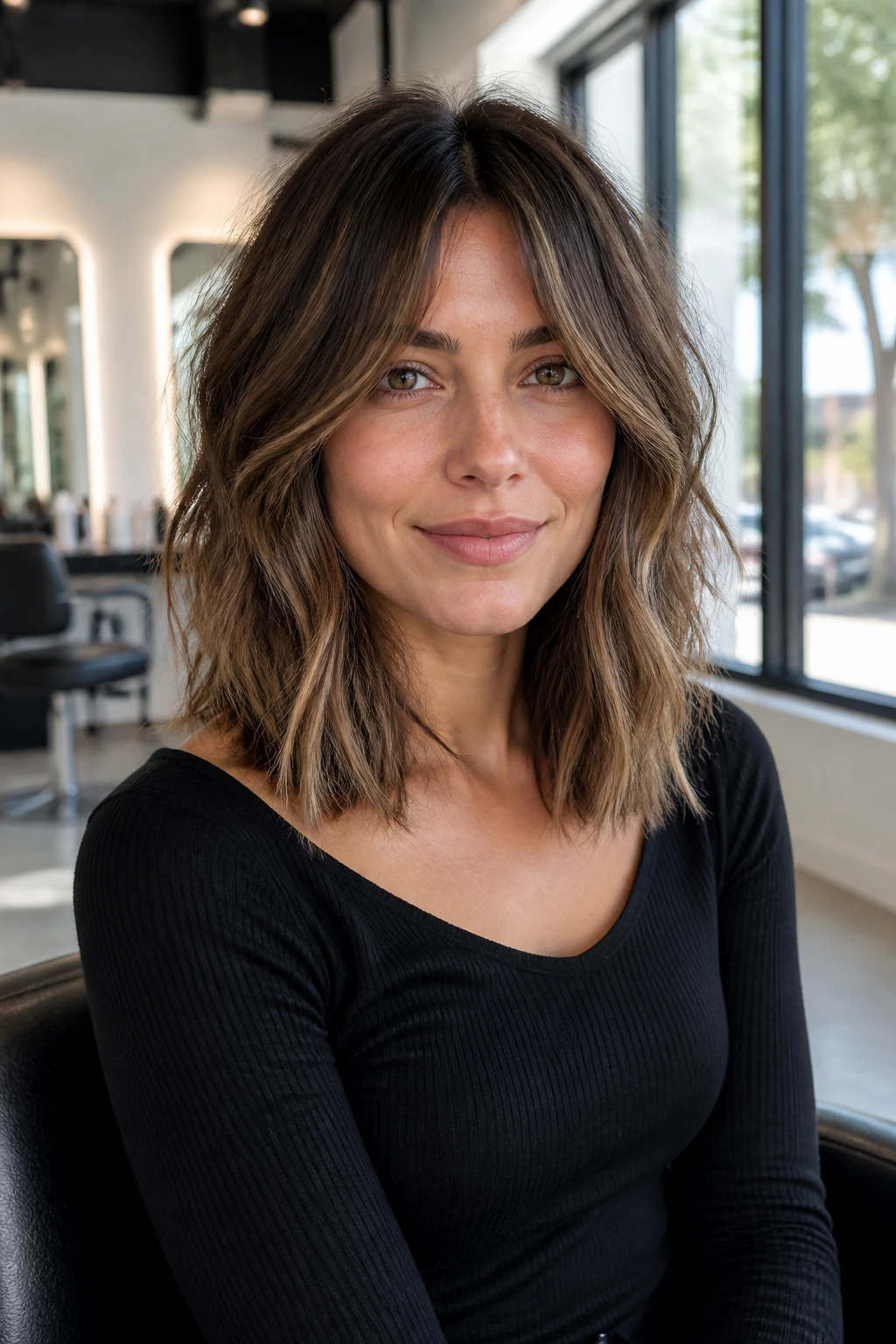 Close-up portrait of a real woman with a textured long bob and curtain bangs in bright daylight