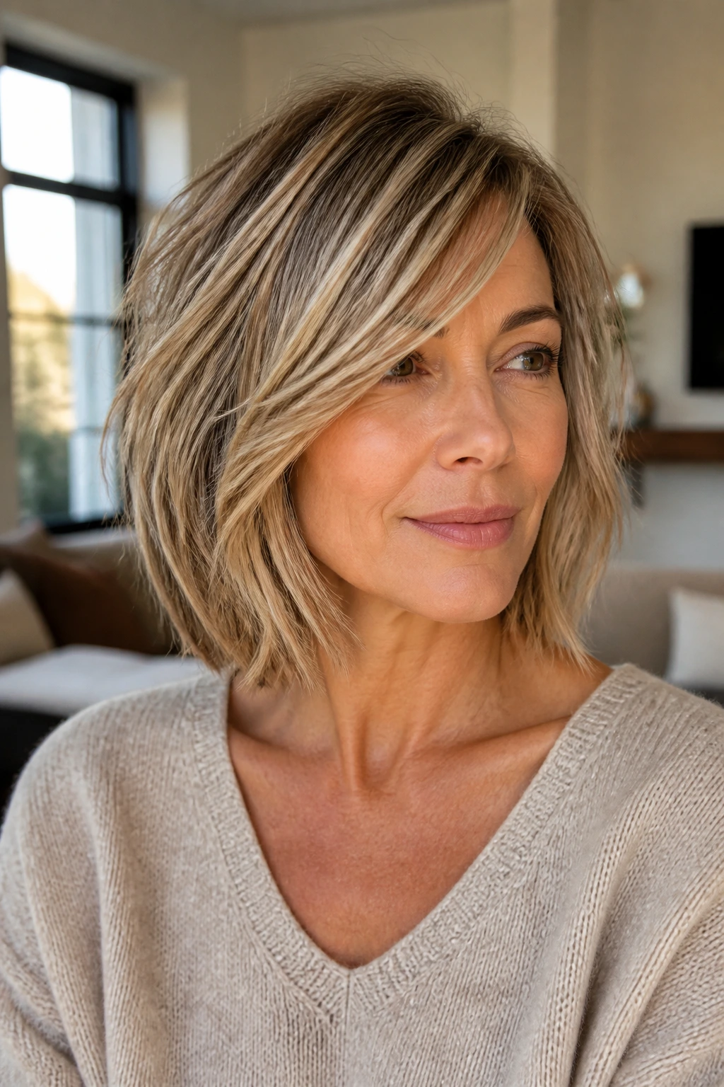 Close-up portrait of a real woman with a textured lob and side-swept fringe.