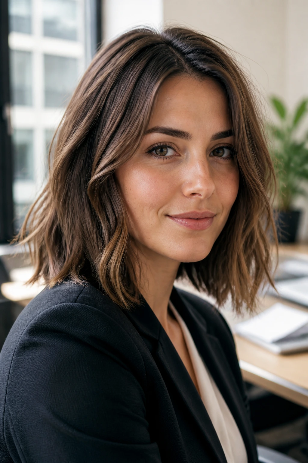 Close-up portrait of a real woman showing a textured lob with a subtle mid-length bend, office lighting