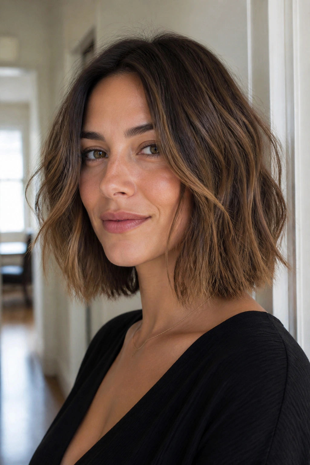 Close-up of a real woman with textured lob hairstyle, daylight indoors