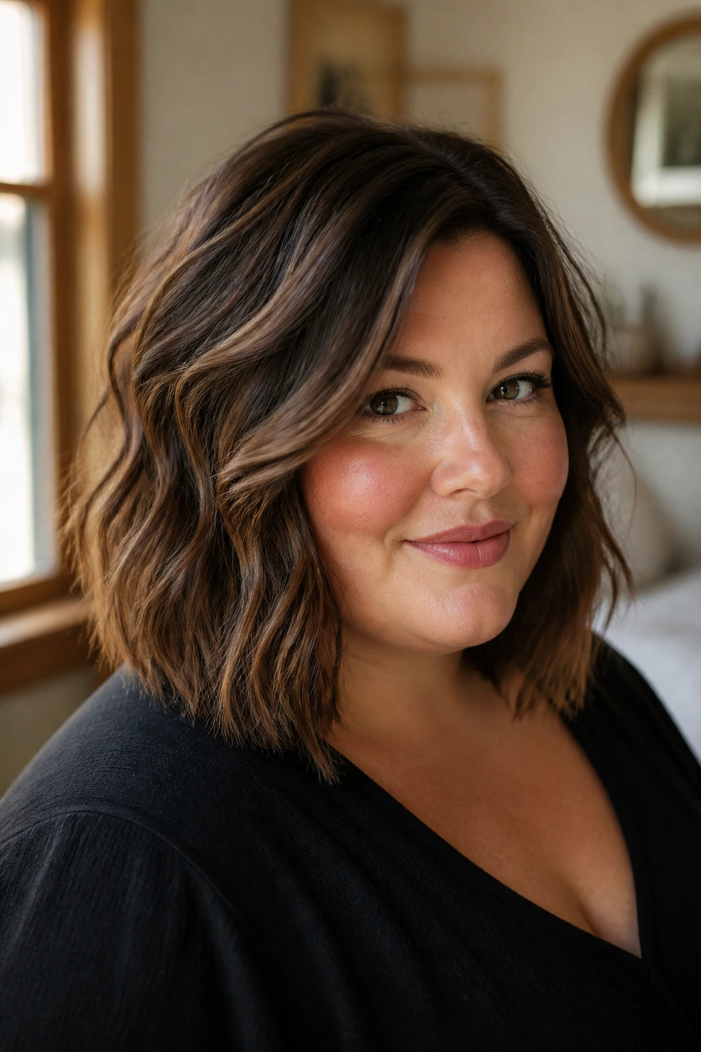 Close-up of a real woman with a textured lob hairstyle in natural light