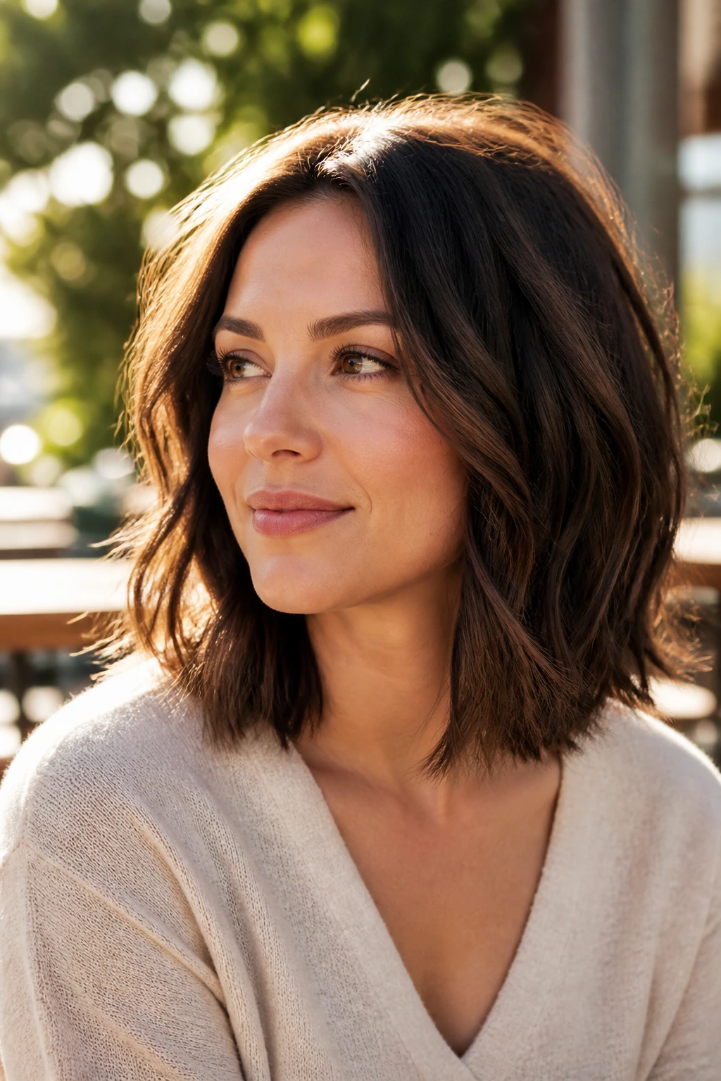Close-up of a real woman with a textured lob at collarbone length in outdoor golden hour light
