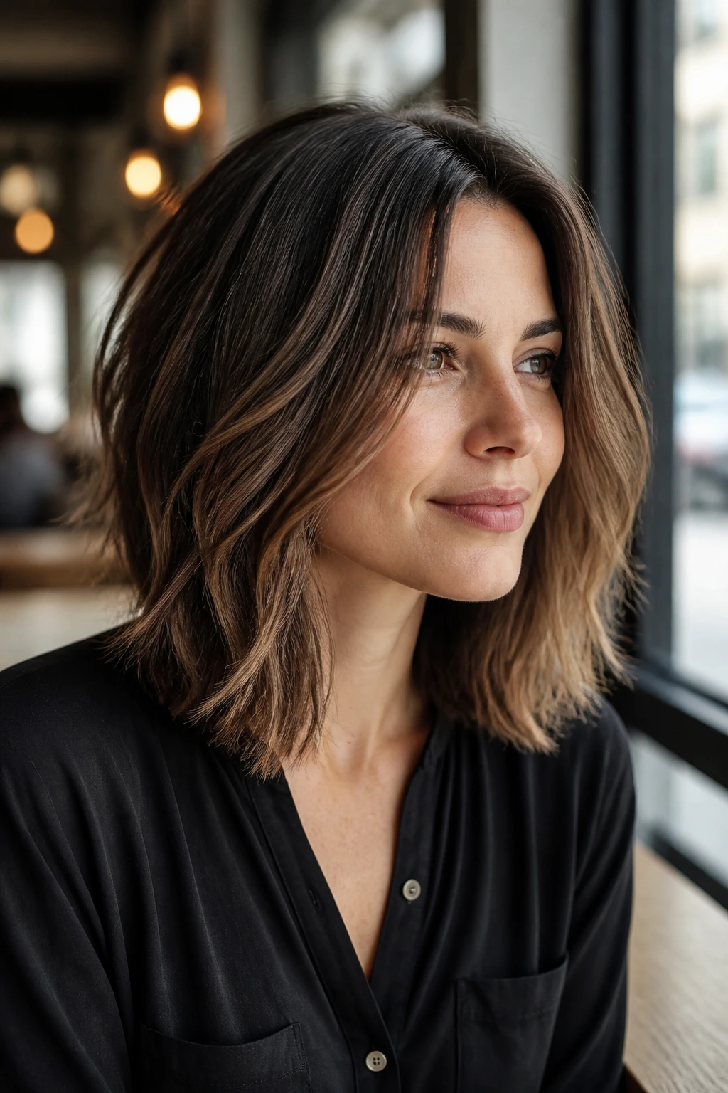 Close-up of a real woman with a shoulder-length textured lob.