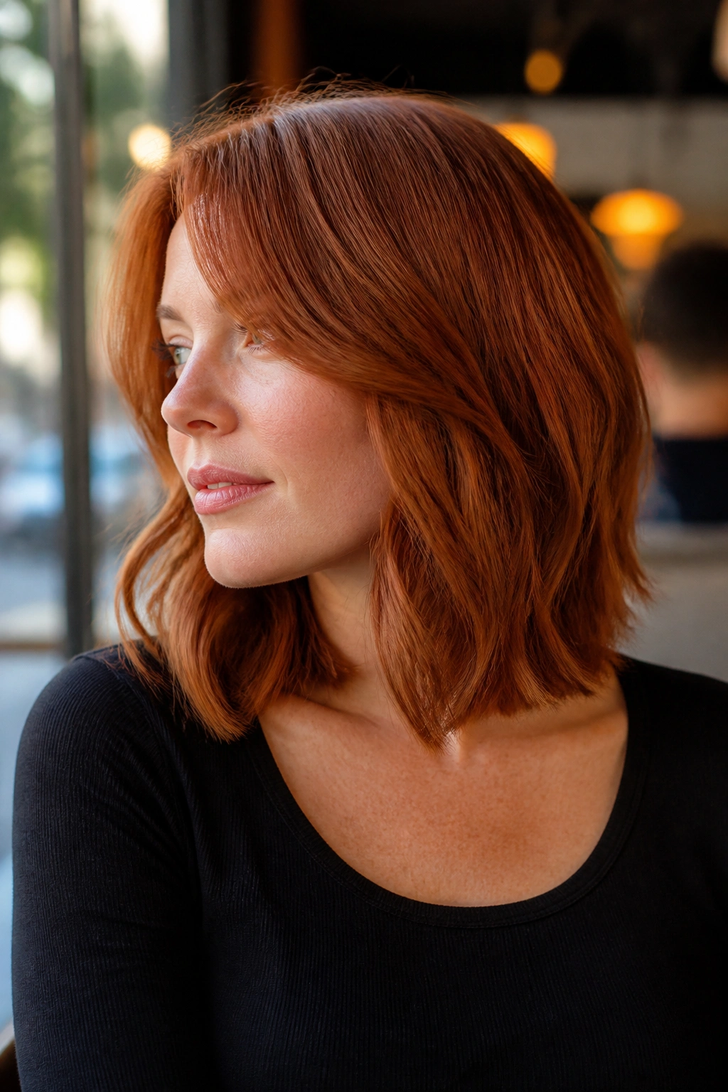 Close-up of a real person with a textured red lob showing subtle invisible layers in soft cafe light