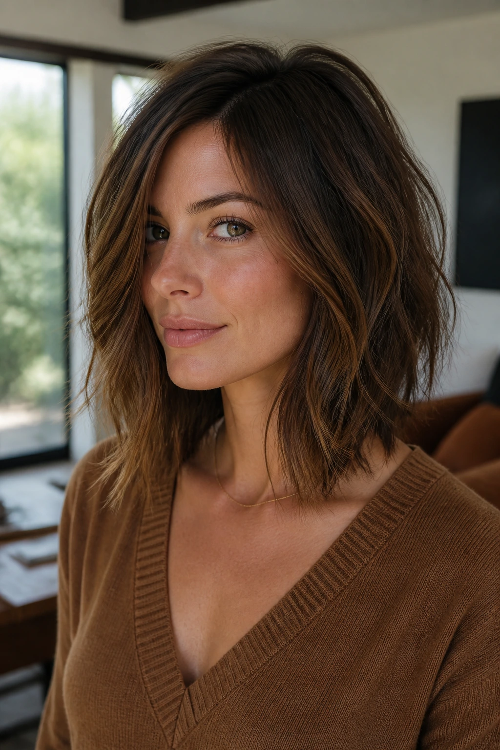 Portrait of a woman with a textured long bob and feathered ends.