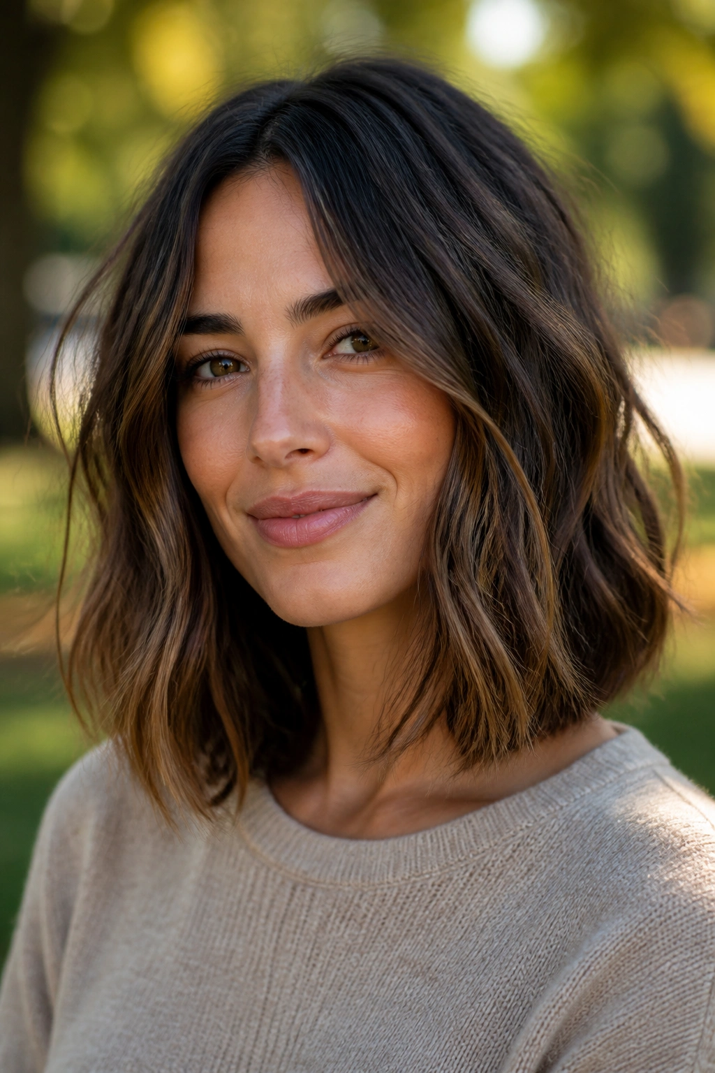 Portrait of a woman with a textured lob and loose waves