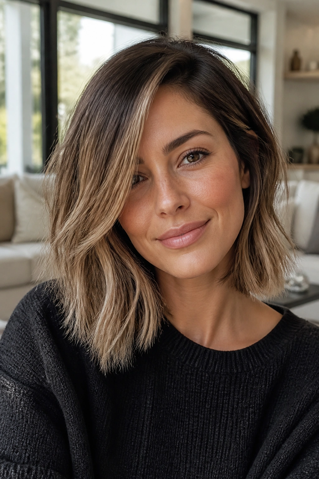 Portrait of a real woman with a textured lob and off-center part