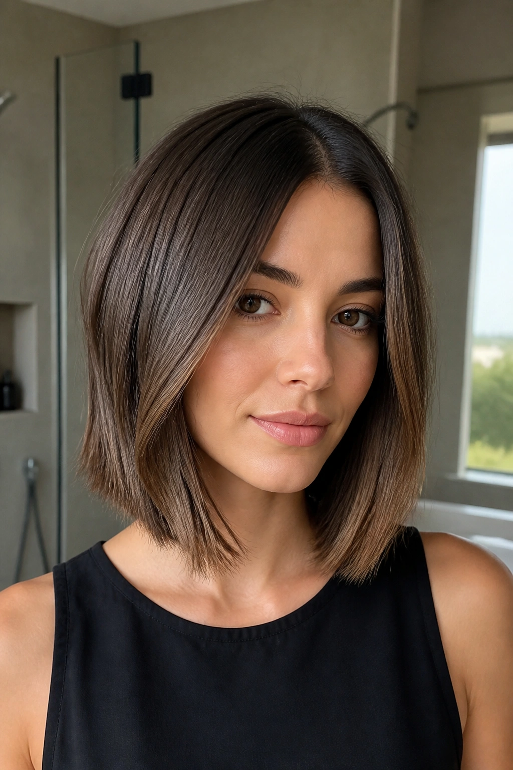 Real woman with a textured lob and razored ends in natural light