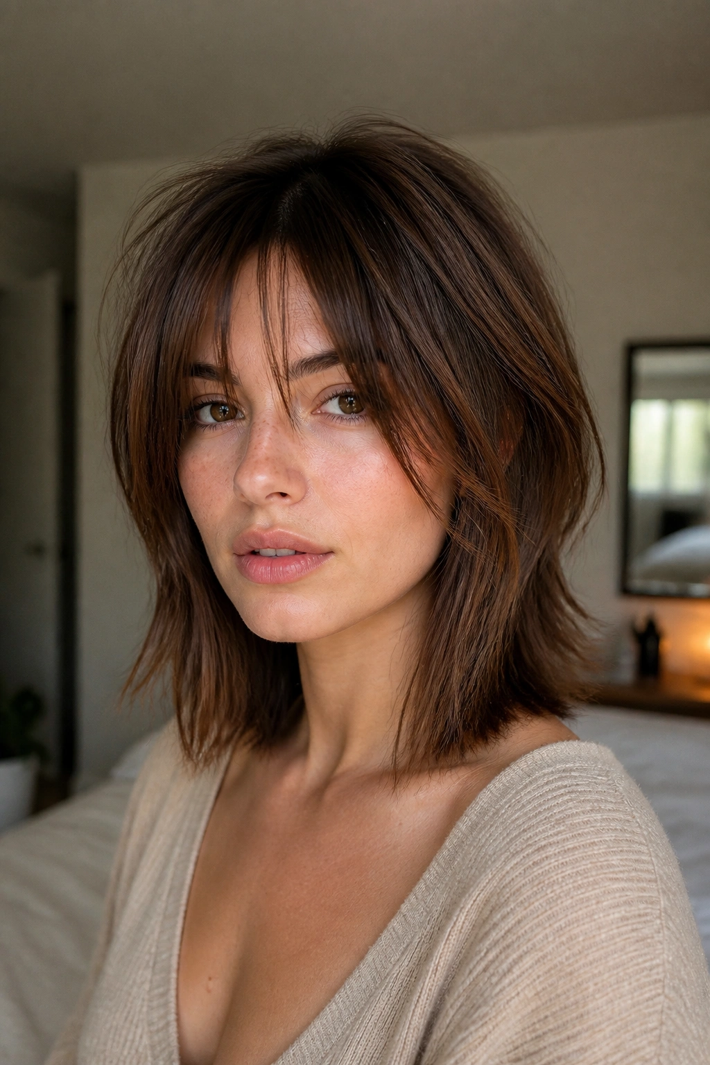 Close-up of a woman with textured lob shag, collarbone-length straight hair, natural window light.
