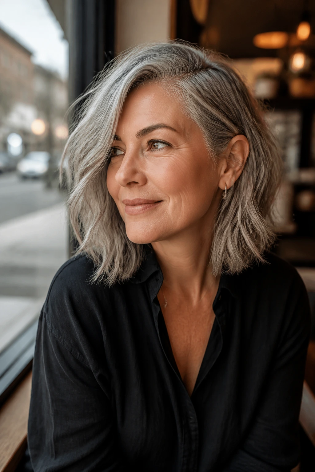 Medium close-up of a gray-haired woman with textured lob and deep side part in a sunny cafe setting.