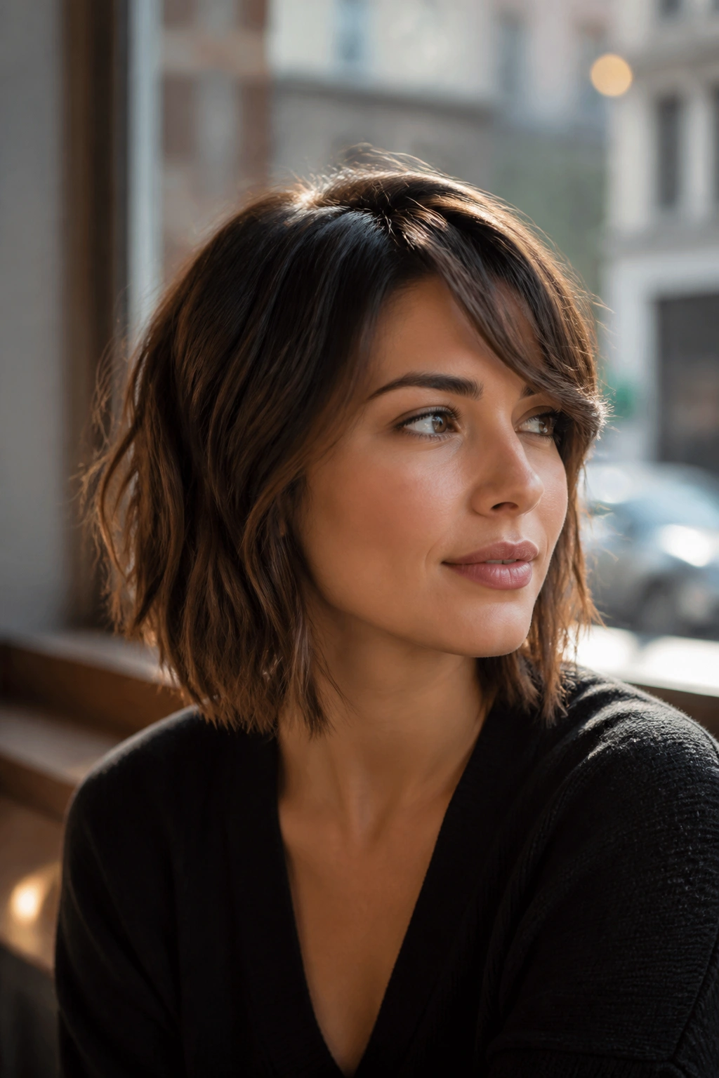 Medium close-up of a woman with textured lob and side-swept bangs in natural light