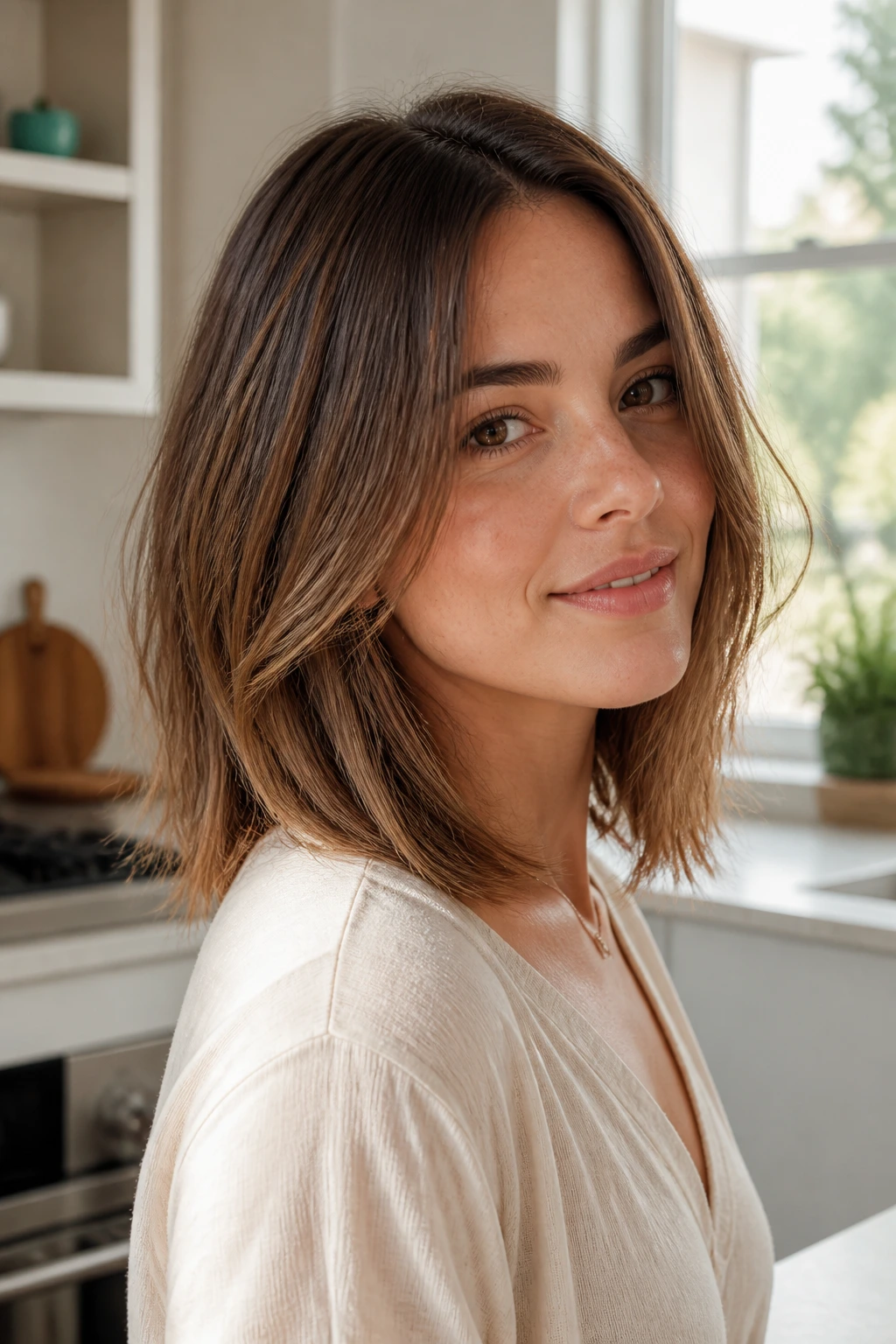 Close-up of a real woman with a textured lob on straight hair