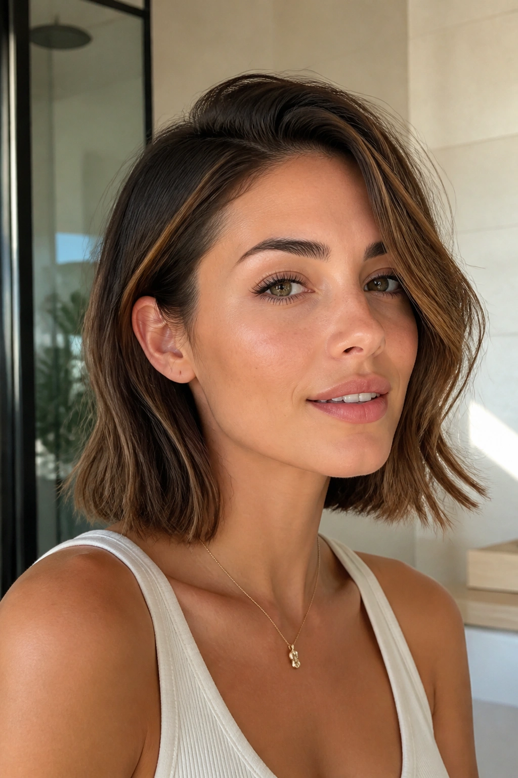 Close-up of a real woman with textured lob and tucked ends behind one ear