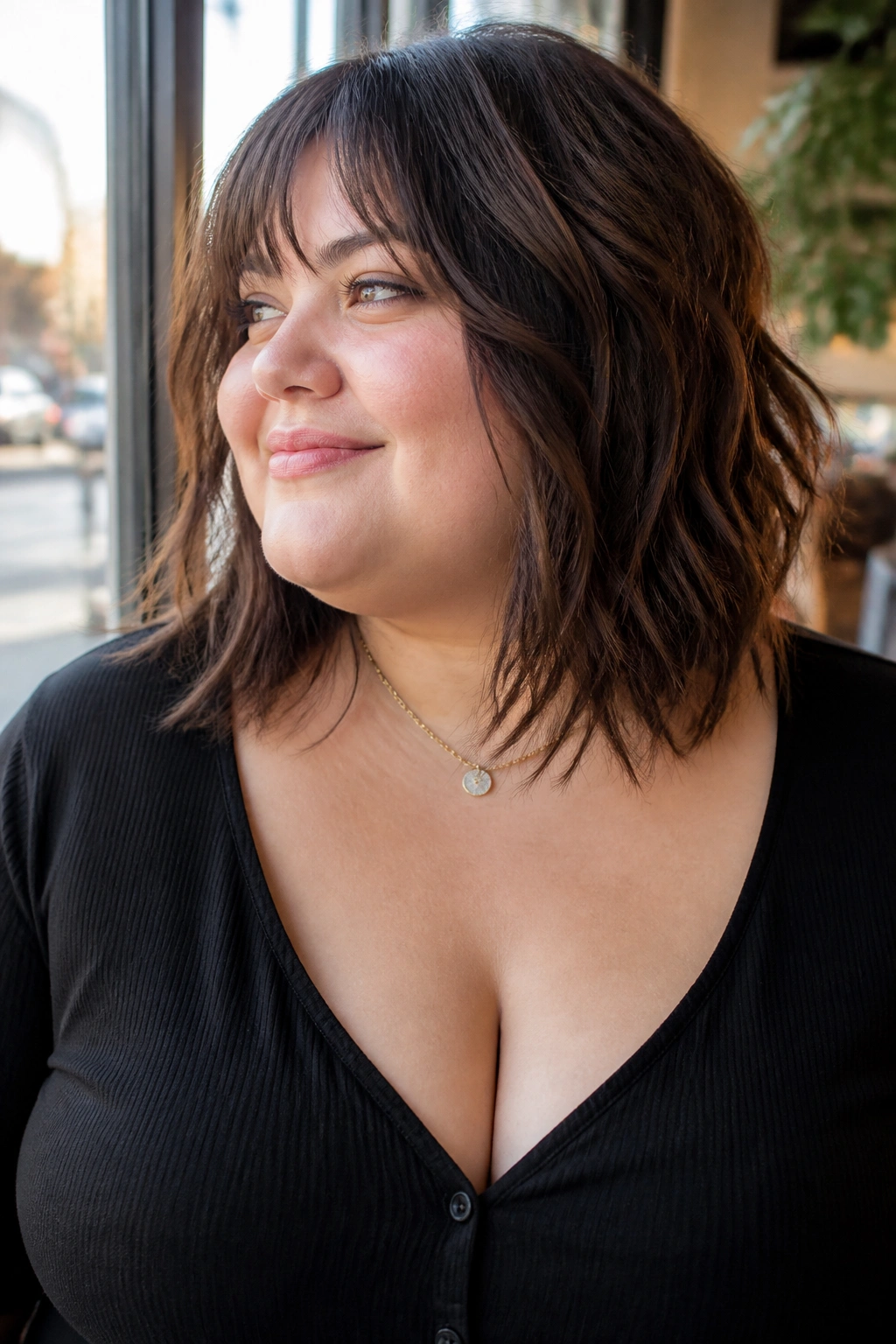 Close-up of real woman with textured lob wolf cut