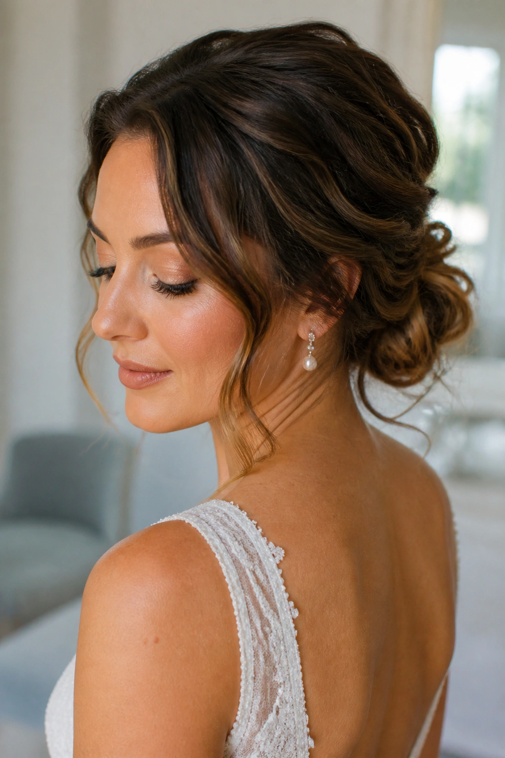 Close-up of bride with textured low knot in wavy hair